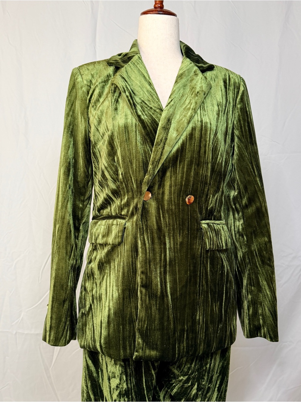 SHEIN‎ Olive Green Velvet Double-Breasted Blazer Pantsuit